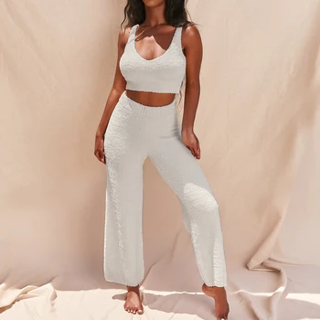 

Autumn Woman Tracksuit 2 PCS One Shoulder Bodycon Sports Set Skinny Two Piece Outfits Sleeveless Top Side Slit Pants