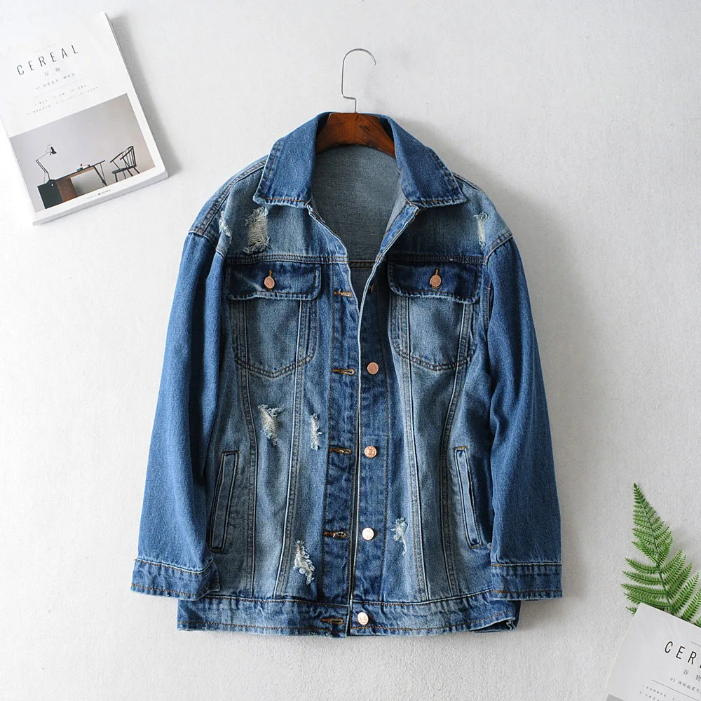 

F3997-Western Style WOMEN'S Dress 2019 Spring And Autumn New Style Fold-down Collar Washing with Holes Cowboy Jacket Women's