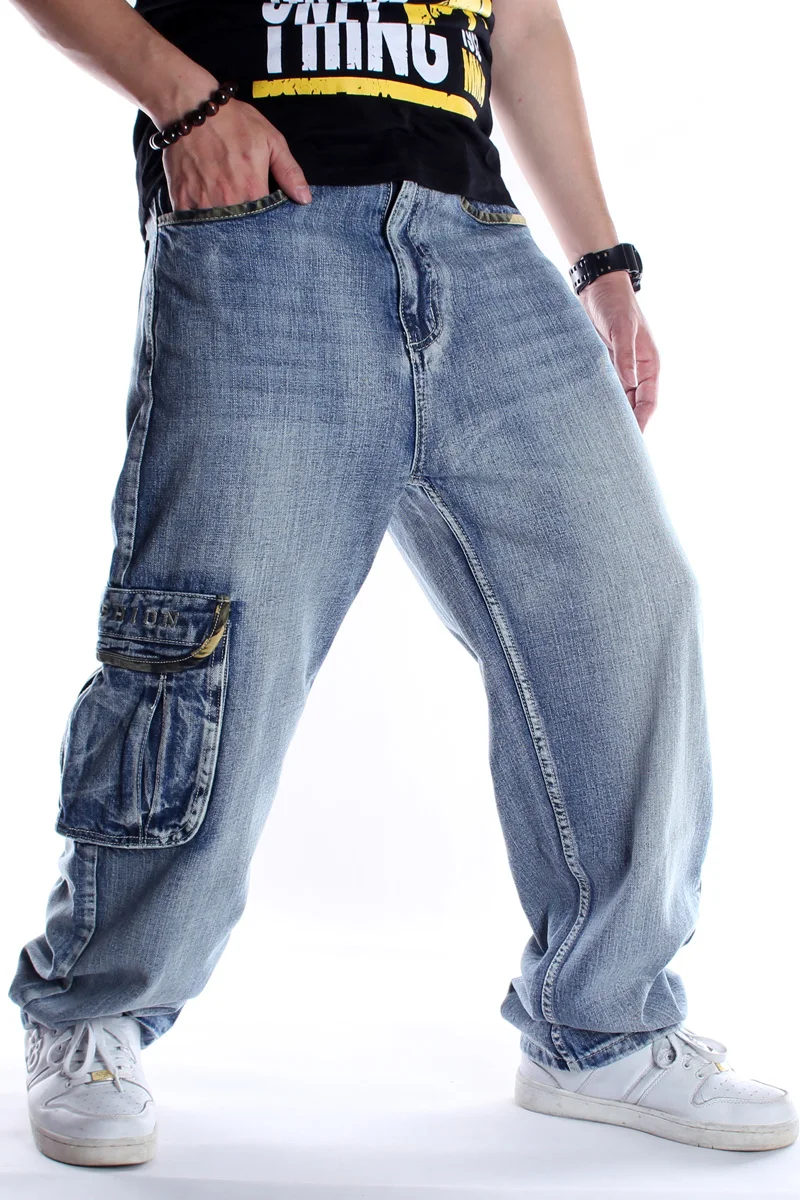 Fashion Trendy Multi-pocket Jeans Men's Hip Hop Plus Size Blue Skateboard Pants Big Size Loose Dance Trousers