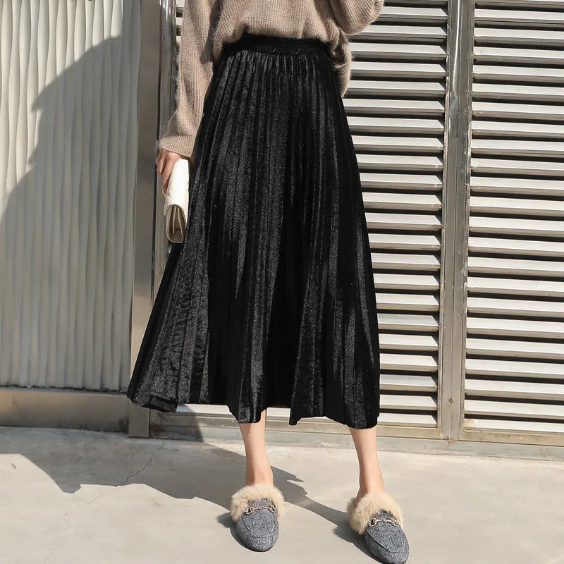 RuiLee Chic office Elegant Women Long Metallic Silver Maxi Pleated Skirt Midi Skirt High Waist Elascity Casual Party