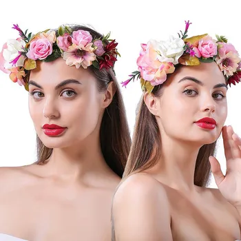 

Romantic Headband Faux Flower Wreath Headband Pink Hairband New Year Gift for Women Wedding Bridal Accessories VL
