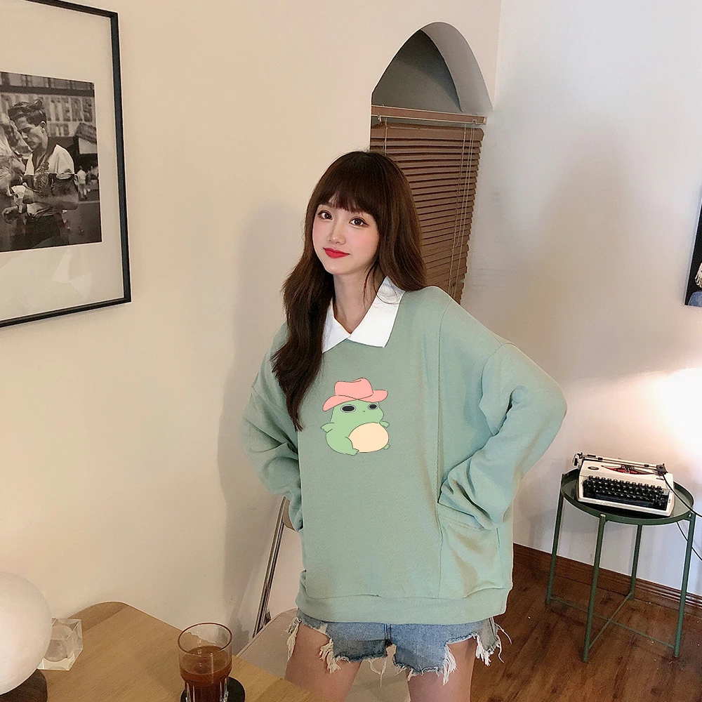 

Thin Long Sleeve Shirt with Hoodie for Ladies Sweatshirts for Teen Girls Korean Cartoon Frog Print Turn-down Collar Sweatshirt