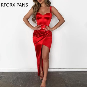 

Solid Thin Strap Sweetheart Neck Ruched Slit Dress Party Dress