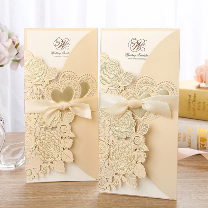 

Wedding Invitation Card with Ribbon, Gold Flower Card, High Quality, Inside Paper Envelope and Seal, 113x25mm, 50PCs