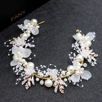 

KMVEXO Handmade Crystal White Flowers Hair Bands Pearl Ribbon Yarn Wedding Headbands Bridal Head Pieces For Women Tiaras Jewelry