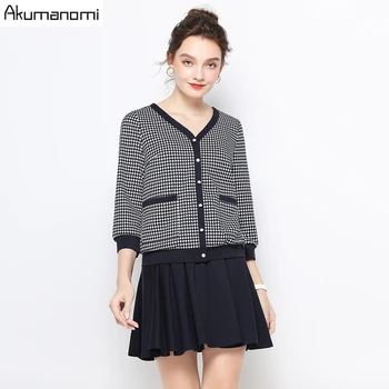 

2 Piece Set Women 2020 Plus Size 5xl Spring Autumn Plaid Full Sleeve Knitting Tops Blouse Mini Pleated Skirt Suits Twe Piece Set