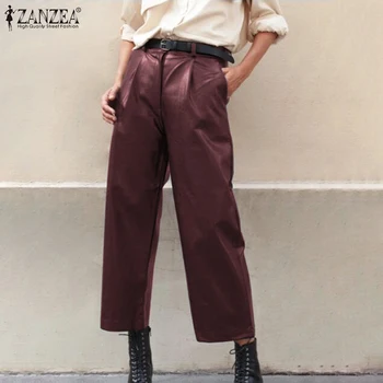 

Plus Size Women's Wide Leg Trousers ZANZEA 2020 Stylish Faux Leather Pants Casual Button Zip Long Pantalon Female Black Turnip