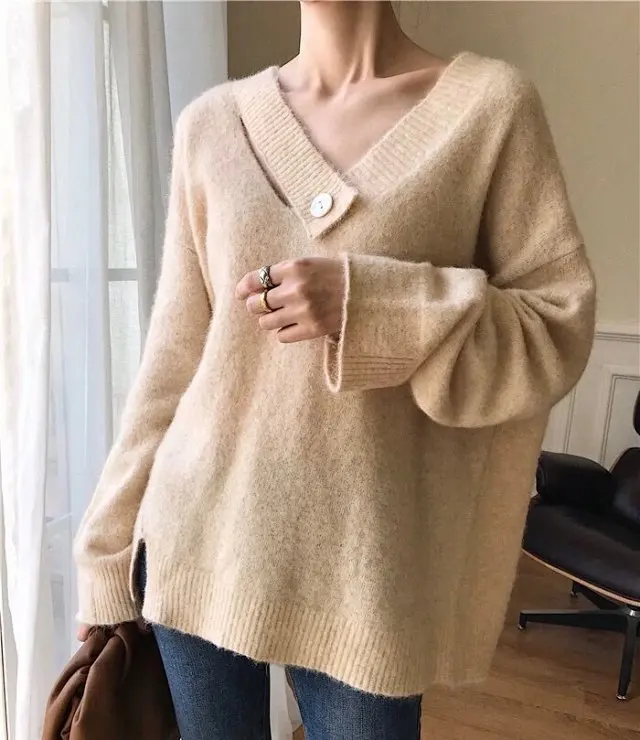 Green/Apricot/Gray Winter Newest Mohair Knitted V Neck Jumper Top- Newest Knitted Sweater Pullover Top