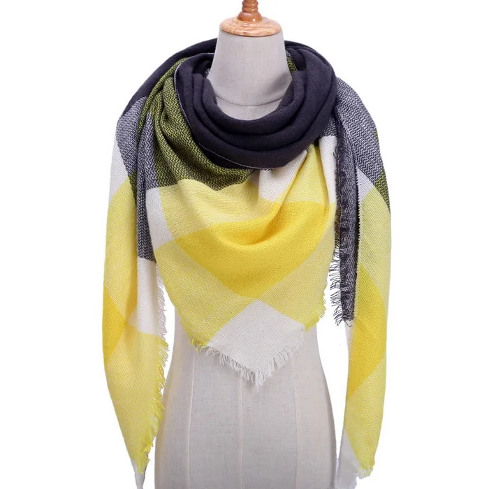 Клетчатые цветные простые женские шарфы треугольные 140*140*210 см кашемировые теплые осенне-зимние шали шарф для женщин
