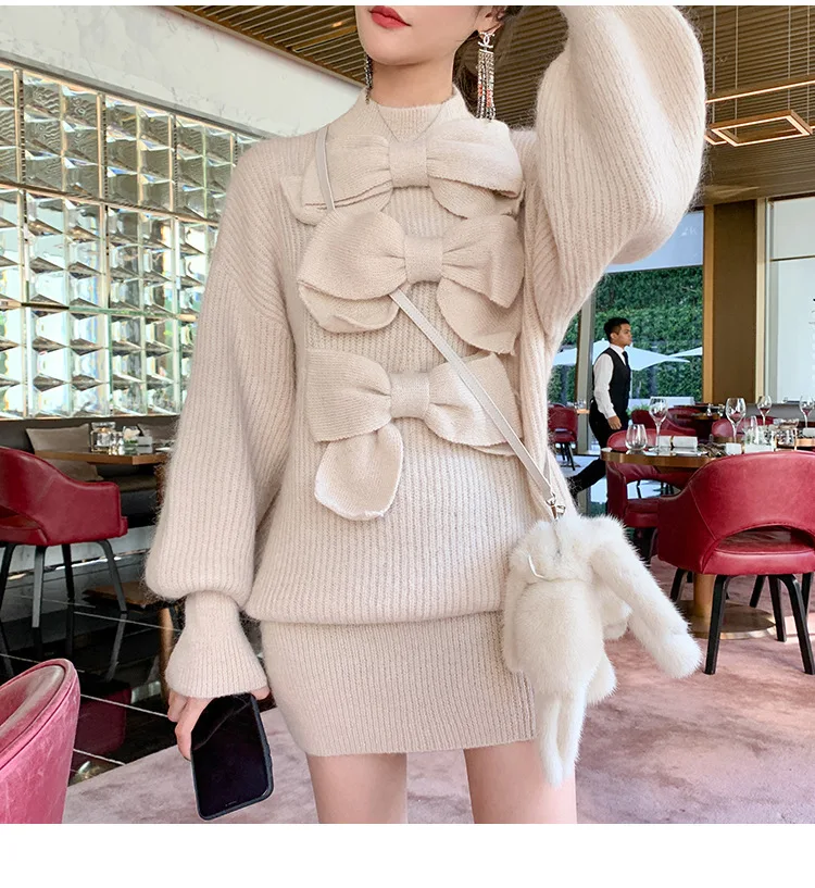 

Powder Daishu Du Home Design-Large Bow Mohair Sweater Dress Women's Mid-length Elegant Autumn And Winter Dress