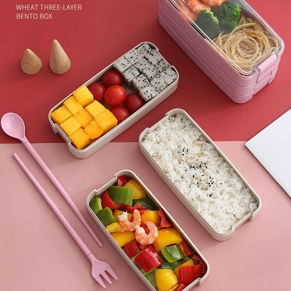 High Quality 3Layer Portable Wheat Straw Lunch Box Food Storage Case Container Dinnerware Microwave Bento Box For Child Student