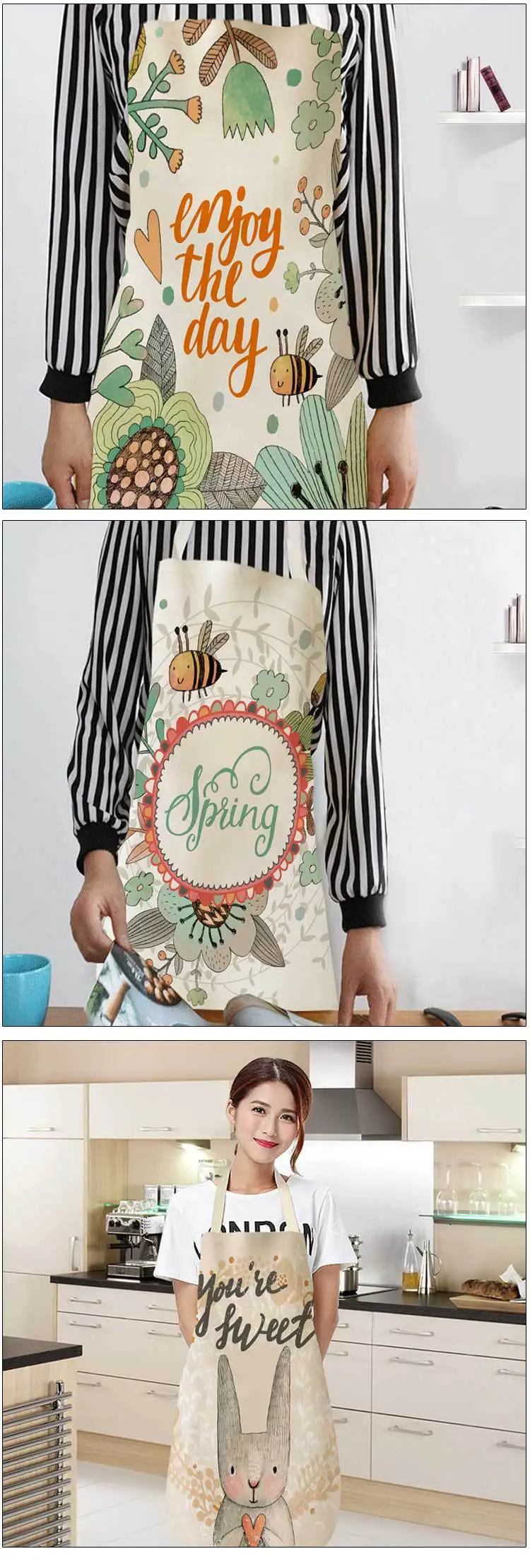 1 Pcs Lovely Cartoon Rabbit Printed Kitchen Aprons for Women Kids Sleeveless Cotton Linen Cooking Cleaning Tools
