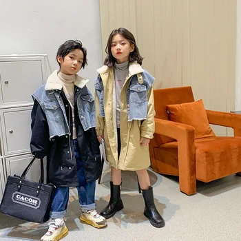 

Children's clothing 2020 new boys and girls winter denim windbreaker fake two children's plus velvet warm loose jacket