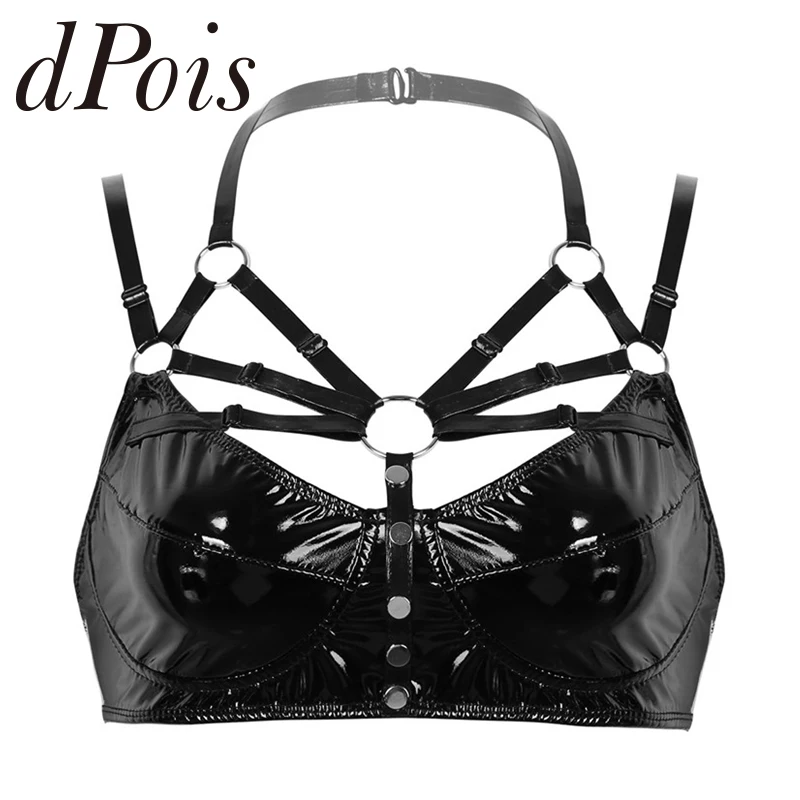 Женское сексуальное нижнее белье из лакированной кожи с эффектом мокрого вида, без косточек, топ с бретельками на бретельках с металлическими о-образными кольцами