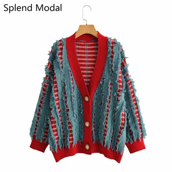 

2020 new fall winter fashion women V-neck oversized fringed striped knitted cardigans slim sweaters coat chompas para mujer