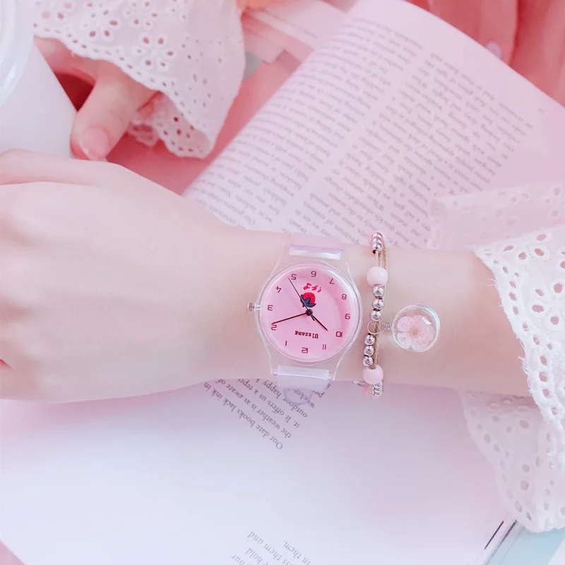 

INS Female Students Watch Cute shao nv kuan Harajuku Wind Ulzzang Simple Korean-style Cherry Blossom Pink Transparent Watch Stra