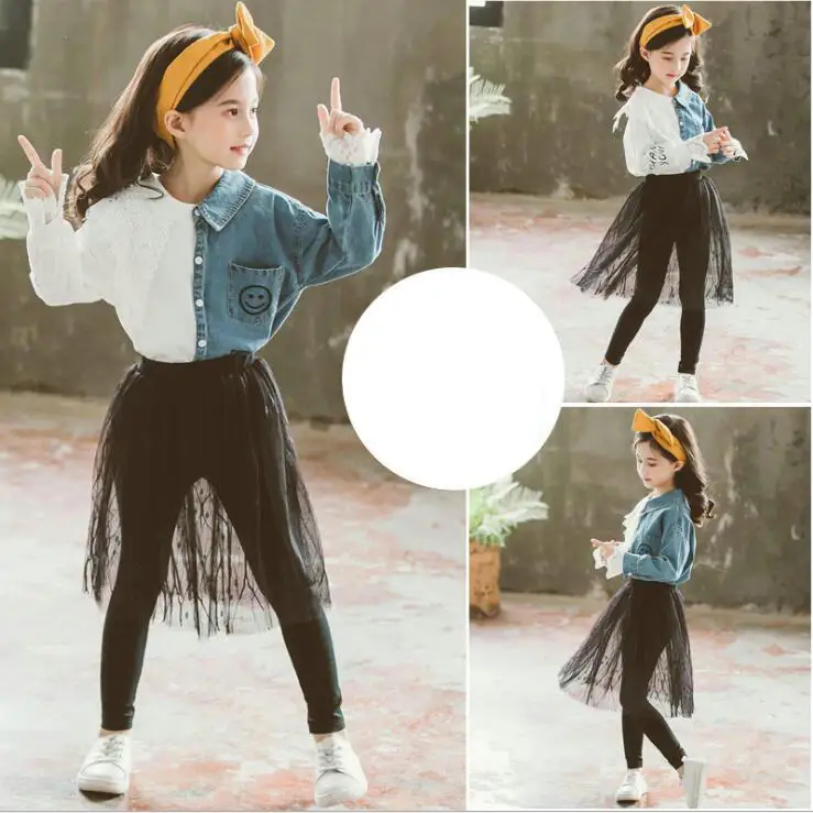 

Autumn 2019 children's wear girls of mosaic smiling face shirt with skirt pants two-piece set of suit girls ruffle outfits