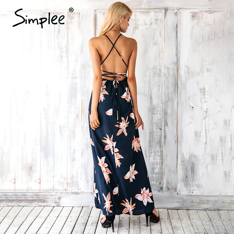 Женское летнее длинное платье Simplee с разрезом сексуальное в стиле бохо глубоким V