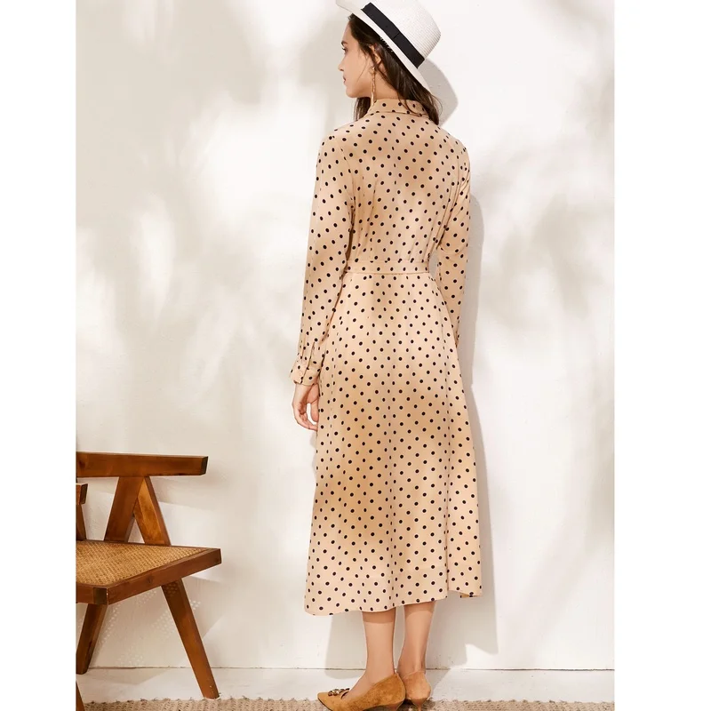 Осеннее платье из натурального шелка шелк тутового шелкопряда женское платье-рубашка в горошек M L XL