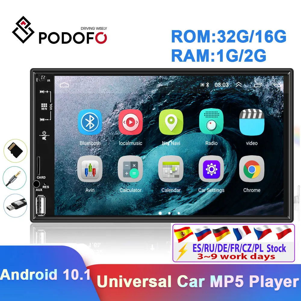 Podofo 2 Din Автомобильный Радио Android 7 ''автомобильный мультимедийный плеер GPS Wifi
