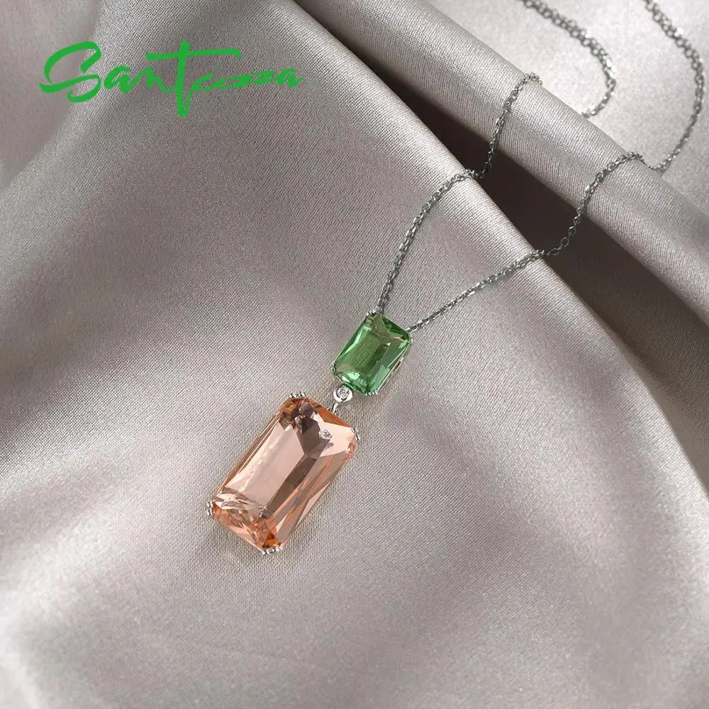 SANTUZZA Silver Pendant for Women Pure 925 Sterling Silver Sparkling Glamorous Octagon Green Orange Crystal Party Fine Jewelry silver pendant