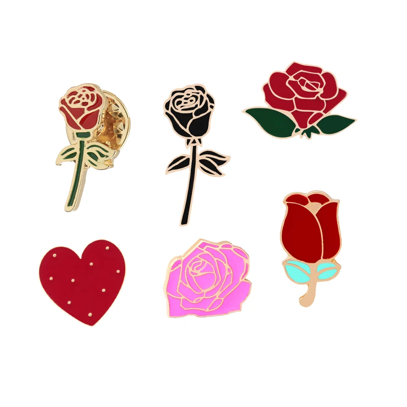 Flower Enamel Pins Vintage Red Black Rose Heart Brooches Denim Clothes Lapel Pin Hat Backpack Badge Girl Women Accessories