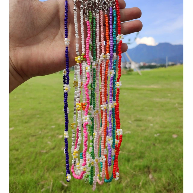 Rainbow beaded daisy chain necklace, Colorful seed bead choker, Trendy  necklace | eBay