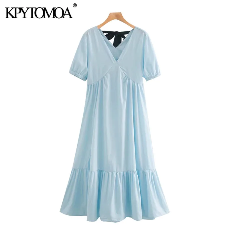 KPYTOMOA Women 2020 Chic Fashion Back Bow Tied Ruffled Midi Dress Vintage V Neck Short Sleeve Female Dresses Vestidos Mujer KPYTOMOA Women 2020 Chic Fashion Back Bow Tied Ruffled Midi Dress Vintage V Neck Short Sleeve Female Dresses Vestidos Mujer
