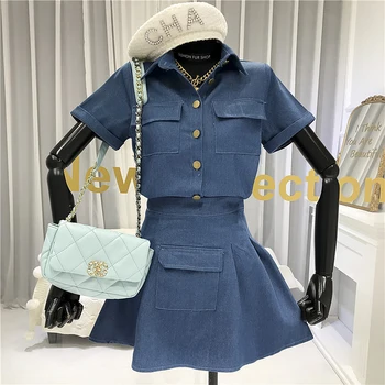 

fashion denim two piece set top and skirts Casual Single Breasted Pockets Turn-down Collar shirts+high waist skirt Mini