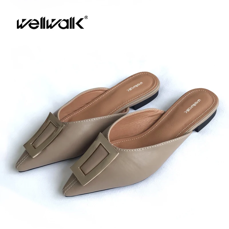 

Wellwalk Metal Buckle Flat Mules Shoes Women Leather PU Pointed Toe Slippers Open Back Ladies Slip Fashion Loafers Brand Design