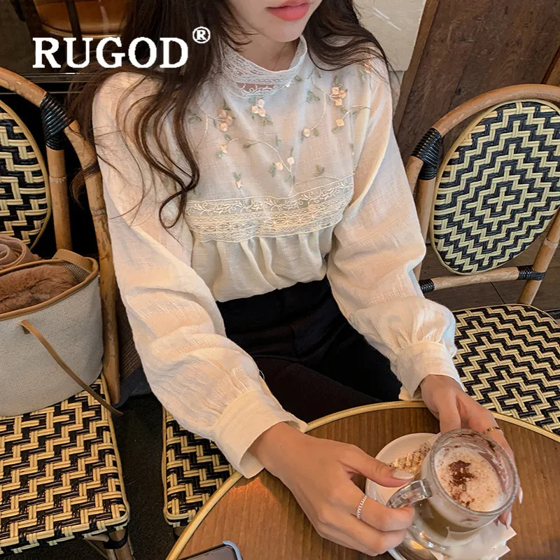  RUGOD 2020 Spring Embroidery Lace Blouse Women Blouses Long Sleeve Elegant Top Korean Fashion Cloth