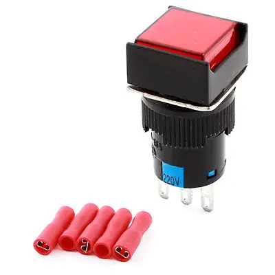 

AC 220V Red Lamp 16mm SPDT Latching Push Button Switch w DIY Wiring Terminals