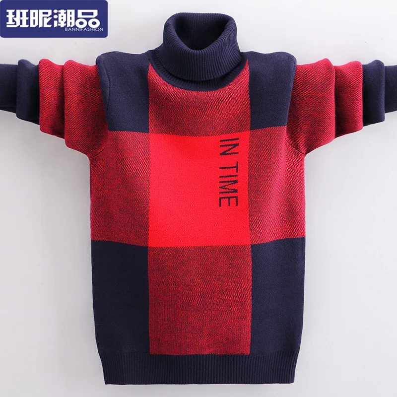 

Sweater High Collar Pullover 2019 New Style Children Boys' Sweater plus Velvet B Class Winter Fashion Big Boy Brushed