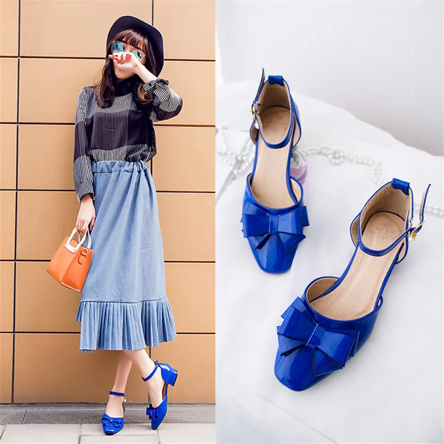 Blue D'Orsay/женские туфли-лодочки с бантиком; повседневные женские туфли с квадратным носком на низком квадратном каблуке; Цвет черный, желтый; летние туфли из лакированной кожи с ремешком на щиколотке; большие размеры - Цвет: Blue