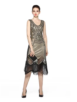 

CY New retro fringe sequined dress aura queen slim nail bead fashion banquet evening gown high disco dance dress beautiful woman