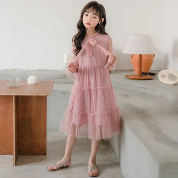 

YourSeason Korean Style Girls Pink Dresses 2020 Spring Summer Teen Girls Bow Dresses Cute Girl Princess Loose Mesh Long Dress