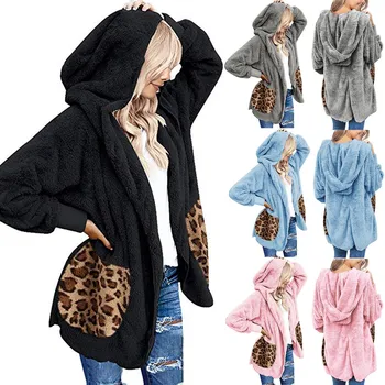 

2020 New Winter Warm Coat Fashion Women Parkas Faux Fur Fuzzy Hooded Outerwear Coat Leopard Pocket Patchwork Female Parkas