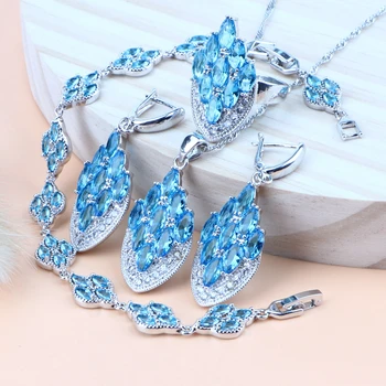 

Silver 925 Women Bridal Jewelry Sets Light Blue Zirconia Costume Jewelry Pendant Ring Earrings Bracelet Necklace Set Gift Of Box