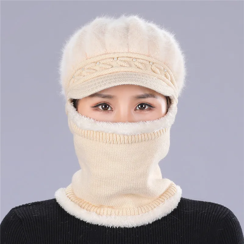 beige Зимняя женская Вельветовая вязаная шапка с капюшоном, шарф, набор, модные женские вязаные шапочки, шапка для девушек, Толстая теплая шапка, шарфы - Цвет: beige
