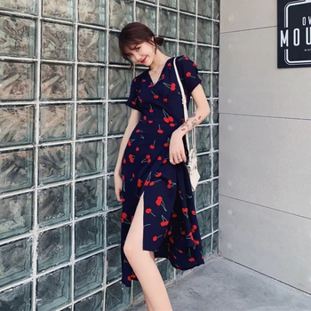 

Cherry Print Bohemian Beach Dress 2020 Summer Women Chiffon Dress Casual Short Sleeve V-Neck Wrap Party Dresses Vestidos