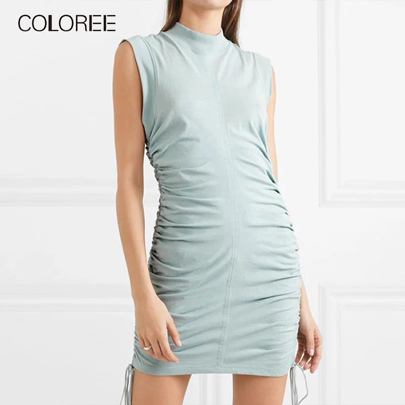 Prezzo COLORÉE Del Progettista della Pista di 2019 Nuovo Vestito Delle Donne Dell annata Nero Verde Senza Maniche Con Coulisse Mini Vestito Sexy Sottile Stile del Vestito Femminile