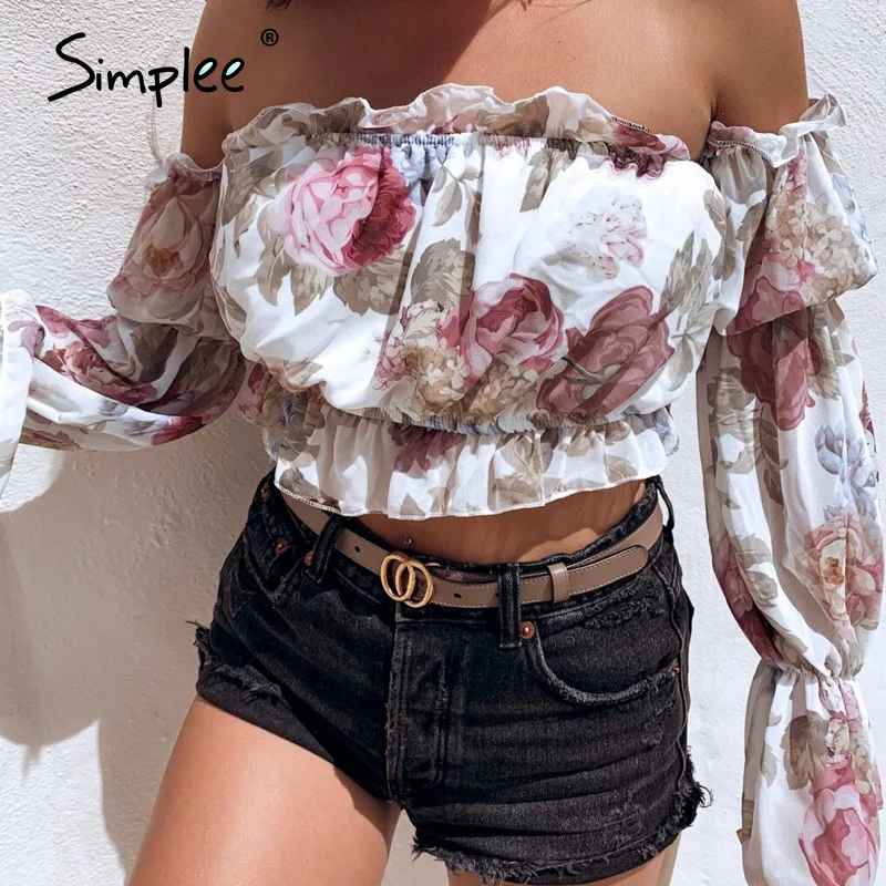 Женская блузка с цветочным принтом Simplee летняя открытыми плечами и