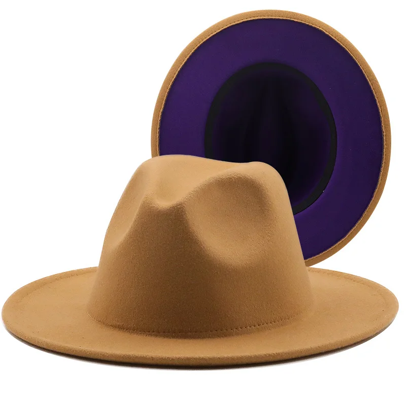 

New Outer tan Inner purple Wool Felt Jazz Fedora Hats with Thin Belt Buckle Men Women Wide Brim Panama Trilby Cap 56-58CM