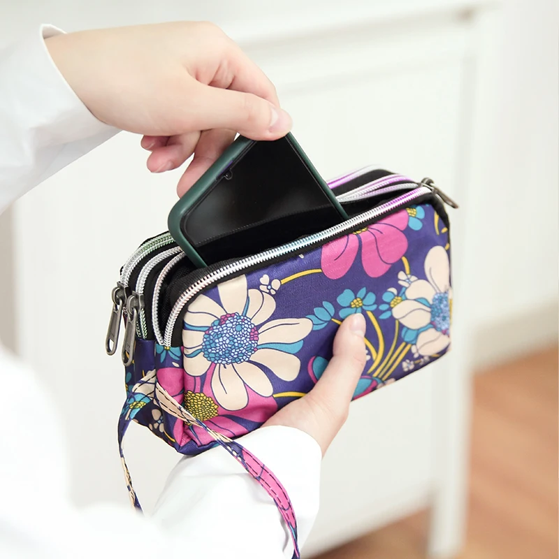 

MABULA Multifunction Three Layer Zipper Portable Nylon Wallets for Women Wristlet Bag Purse Waterproof Cell Phone Pouch Handbag