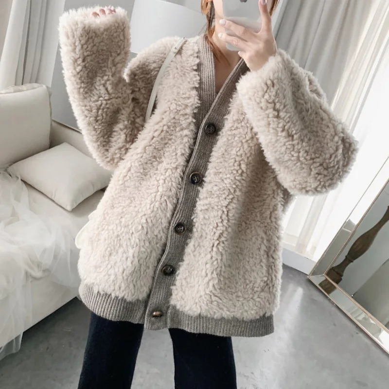 Fashion Winter Jacket Women Blue Real Fur Coat V-neck Collar Long-sleeved Knitted Cardigan Coat Casual Loose Outwear