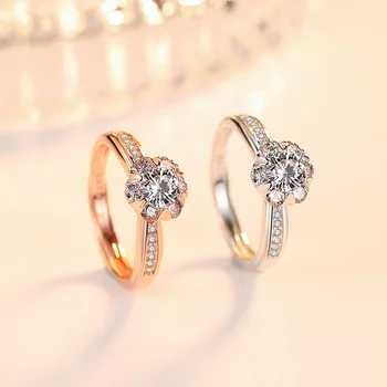 

New Arrival Lady Silver 925 Rings Jewelry Female Fashion Crystal Flower Accessories Women Rose Gold Finger Rings Princess Bijou