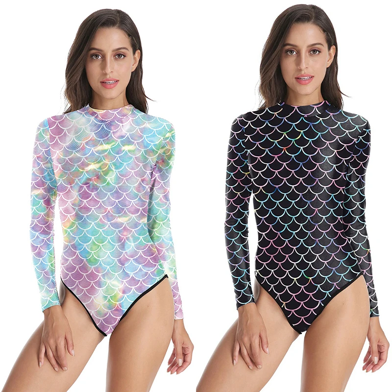 С длинными рукавами, Рашгард, женский, рыбья чешуя, принт, купальник, цельный, на молнии, купальник, Высокая Шея, для серфинга, костюм, стринги, для дайвинга, пляжный костюм