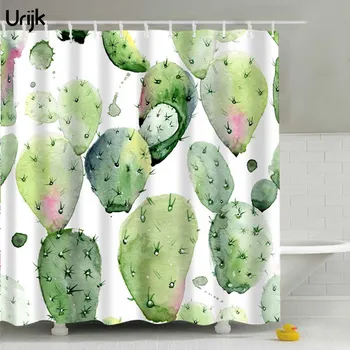 

Tropical Plants Cactus Print Shower Curtain for Bathroom Waterproof Bathtub Curtains Polyester Green Leaves Curtain