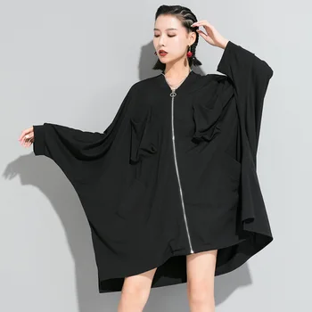 

2020 Spring Autumn New Solid Color Cardigan Zipper Trench Coat Street Style Bat Sleeve Irregular Coat Big Size Fashion Tide