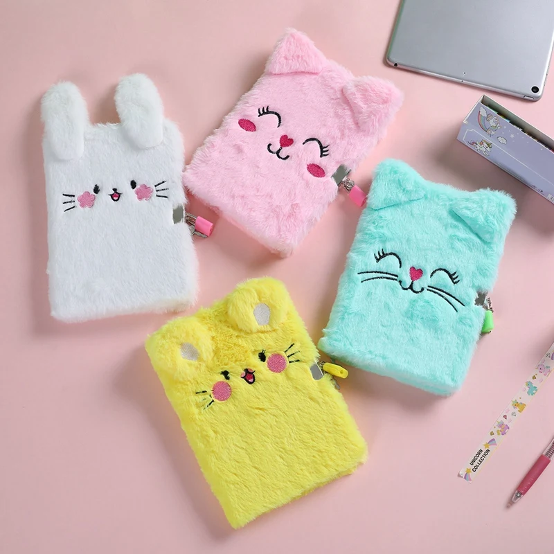 Cute Pink Kitten Furry Notebook Kawaii Cartoon Cat Plush Student Notebooks Girls Daily Journal Book Note Pad Stationery Gifts Notebook Aliexpress